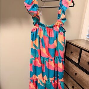 Woman Dress Up Ruffled-Strap Tiered Dress in Teal, Pink & Coral